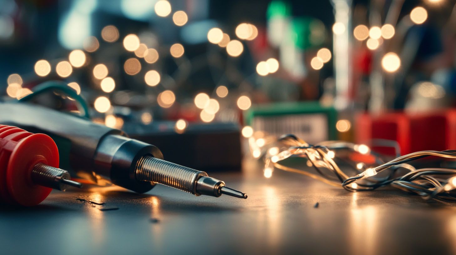 Soldering Iron In Front Of Led Christmas Lights Waiting To Be Modified